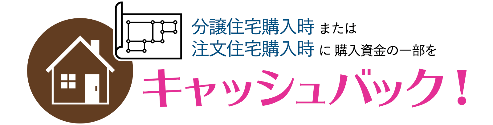 当社分譲住宅購入時 200,000 円 または 注文住宅購入時 100,000 円 のキャッシュバック！